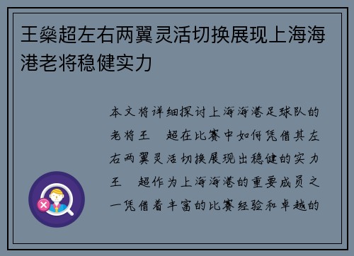 王燊超左右两翼灵活切换展现上海海港老将稳健实力